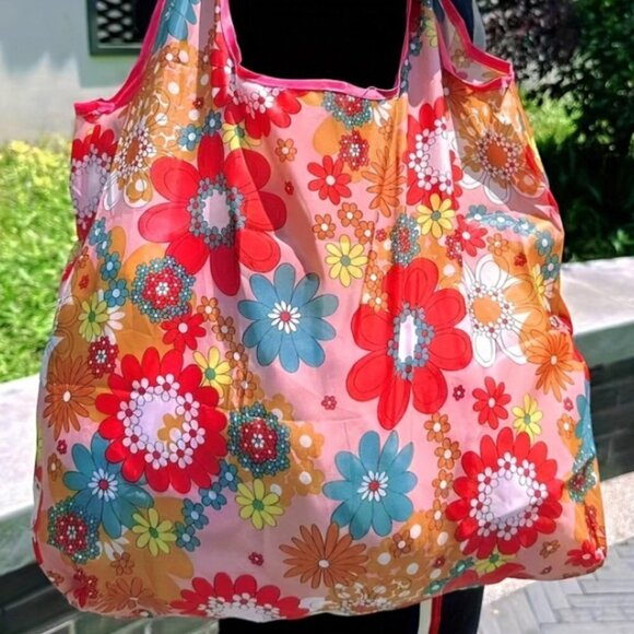 Flower Groovy Tote Bag Packable Red Pink Orange Double Handle - Picture 1 of 4